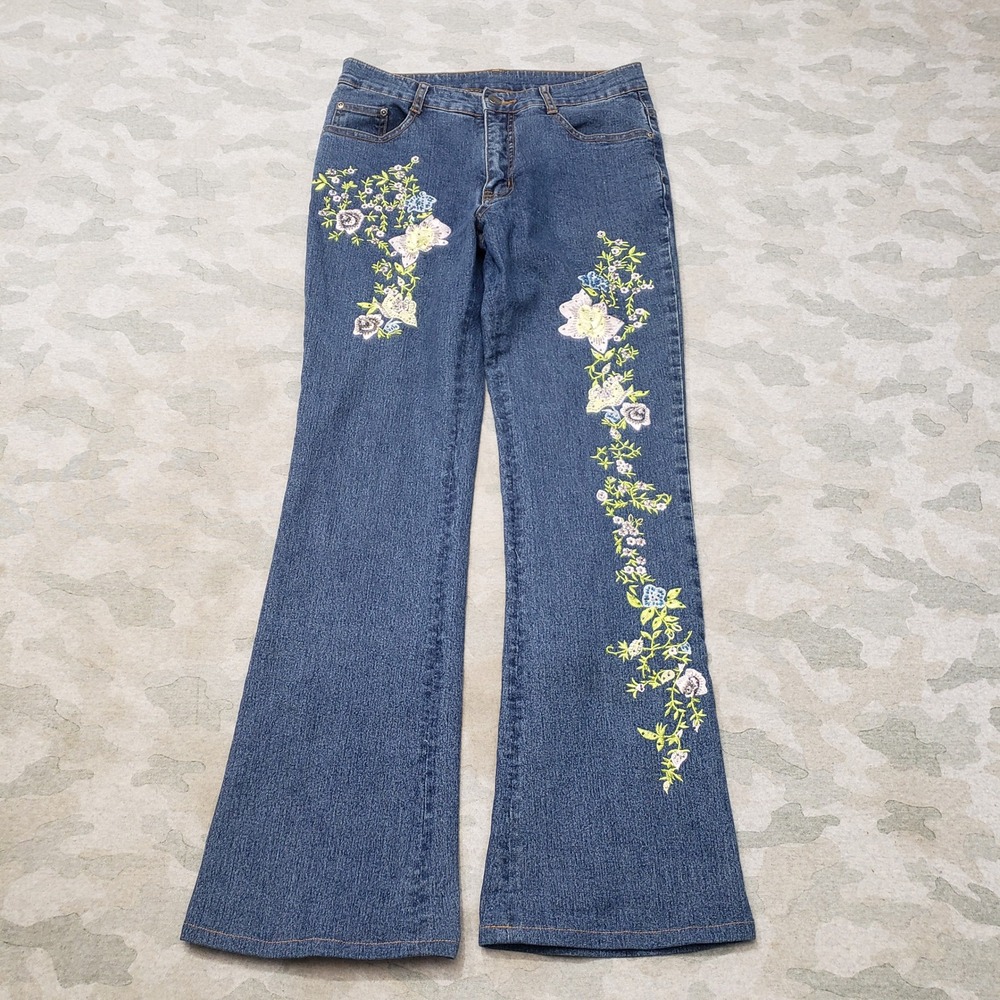 Azi Jeans Flare Women 10 Blue Y2k Boho Floral Embroidered Denim